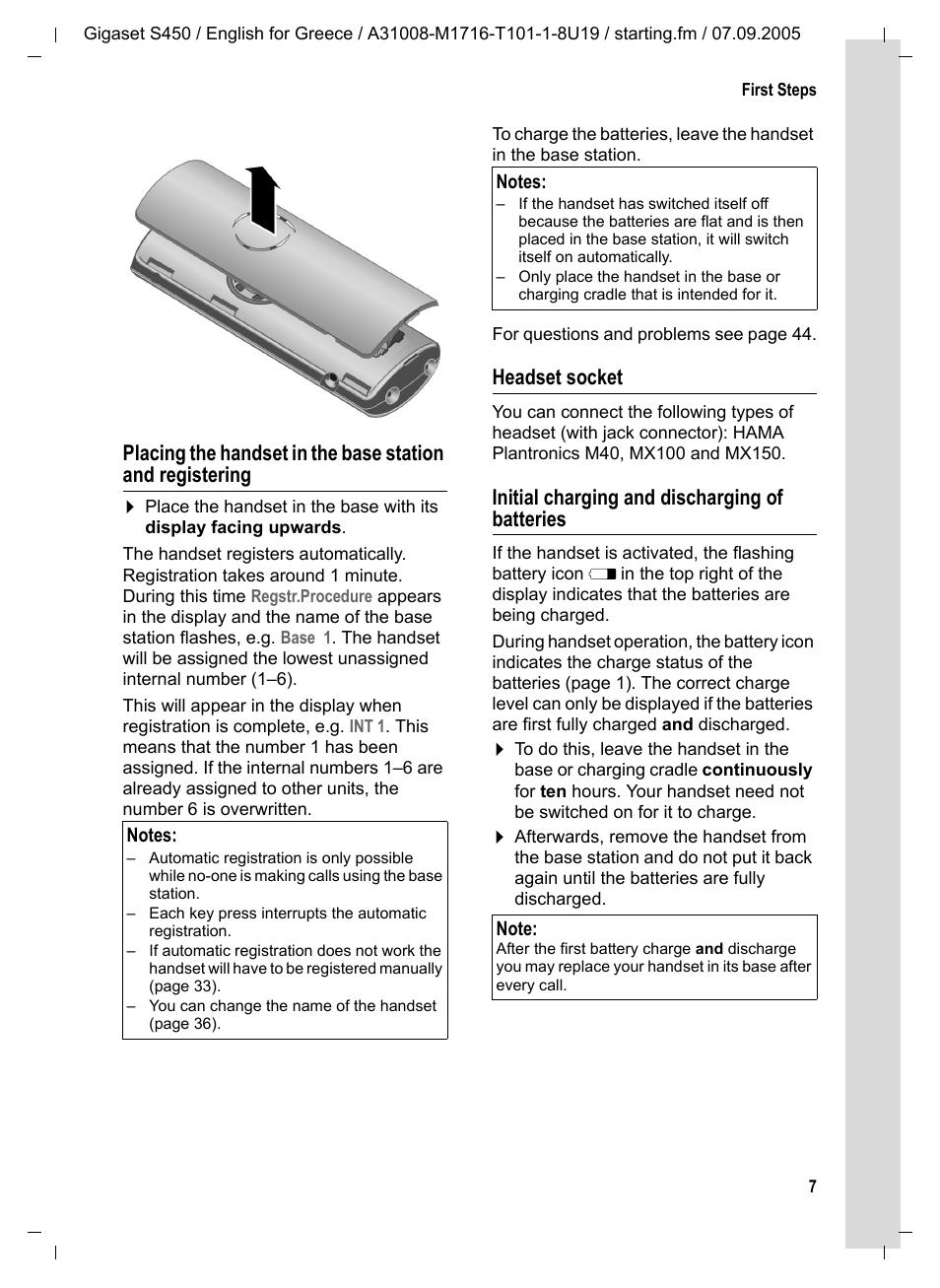 Headset socket, Initial charging and discharging of batteries | Siemens Gigaset S450 User Manual | Page 8 / 58