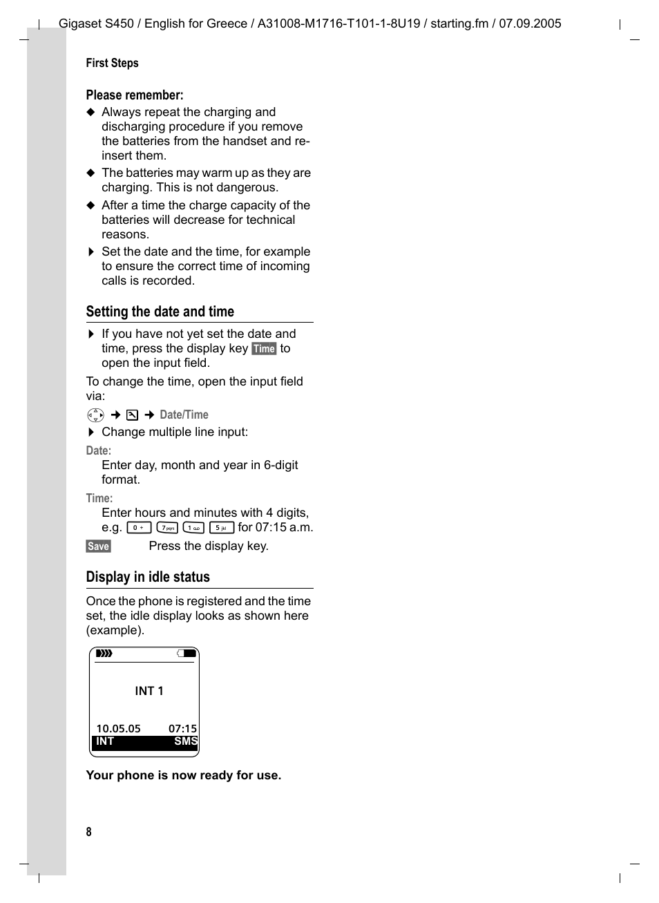 Setting the date and time, Display in idle status | Siemens Gigaset S450 User Manual | Page 9 / 58