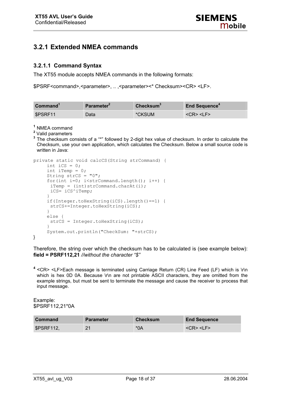 Extended nmea commands, Command syntax, Section 3.2.1 and 4.1 used with the permission of | 1 extended nmea commands | Siemens XT55 AVL User Manual | Page 18 / 37
