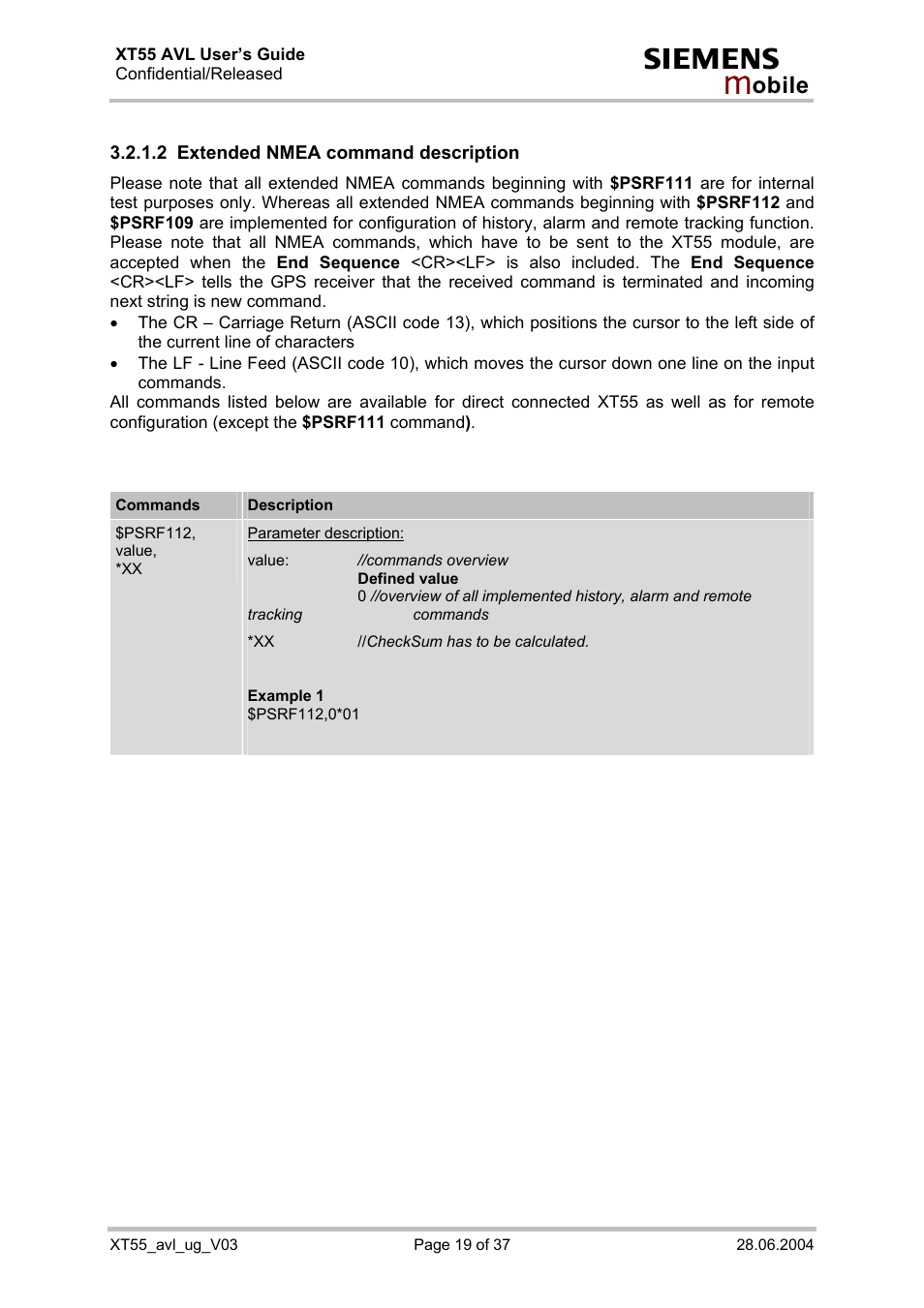 Extended nmea command description | Siemens XT55 AVL User Manual | Page 19 / 37