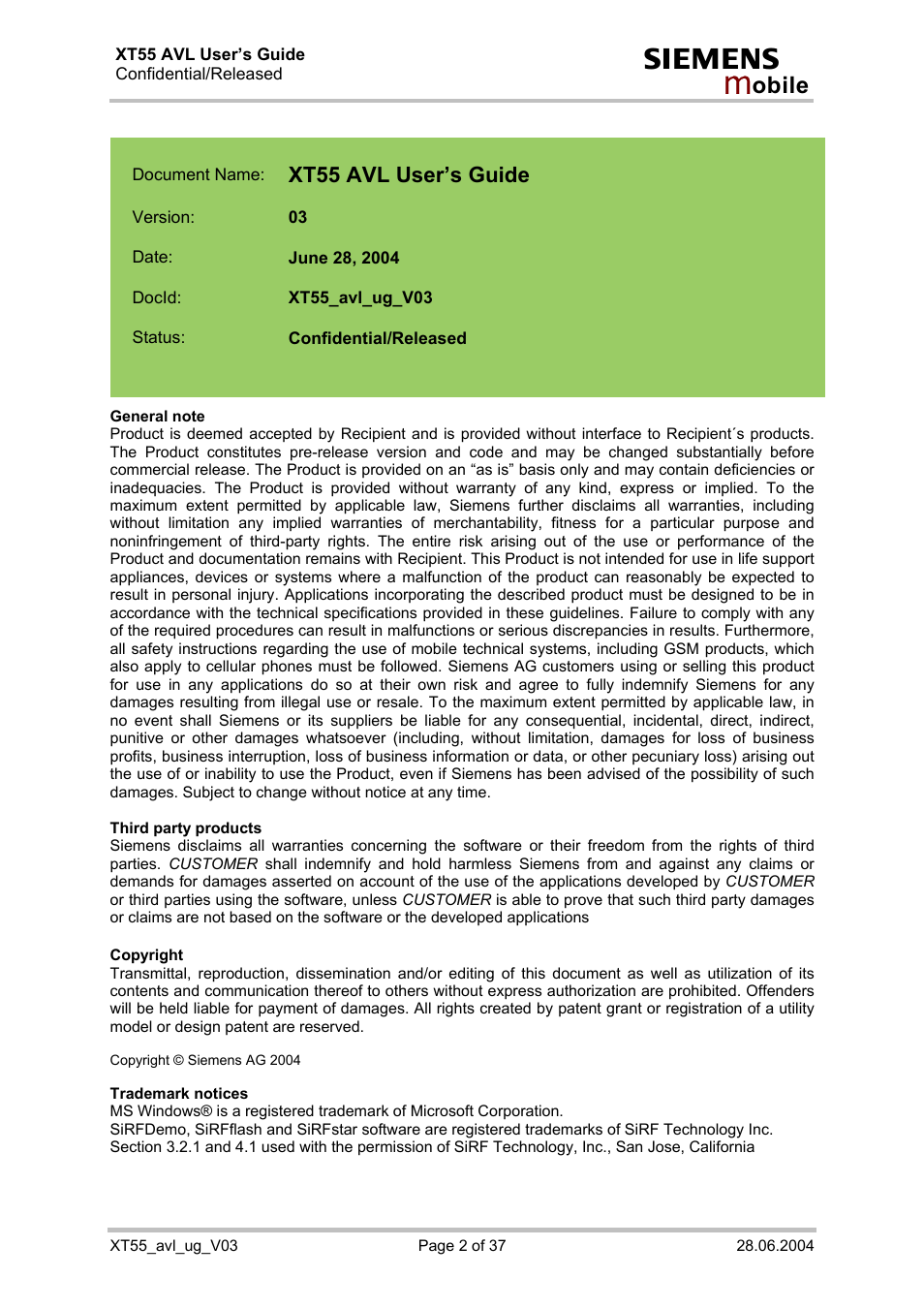 Xt55 avl user’s guide | Siemens XT55 AVL User Manual | Page 2 / 37