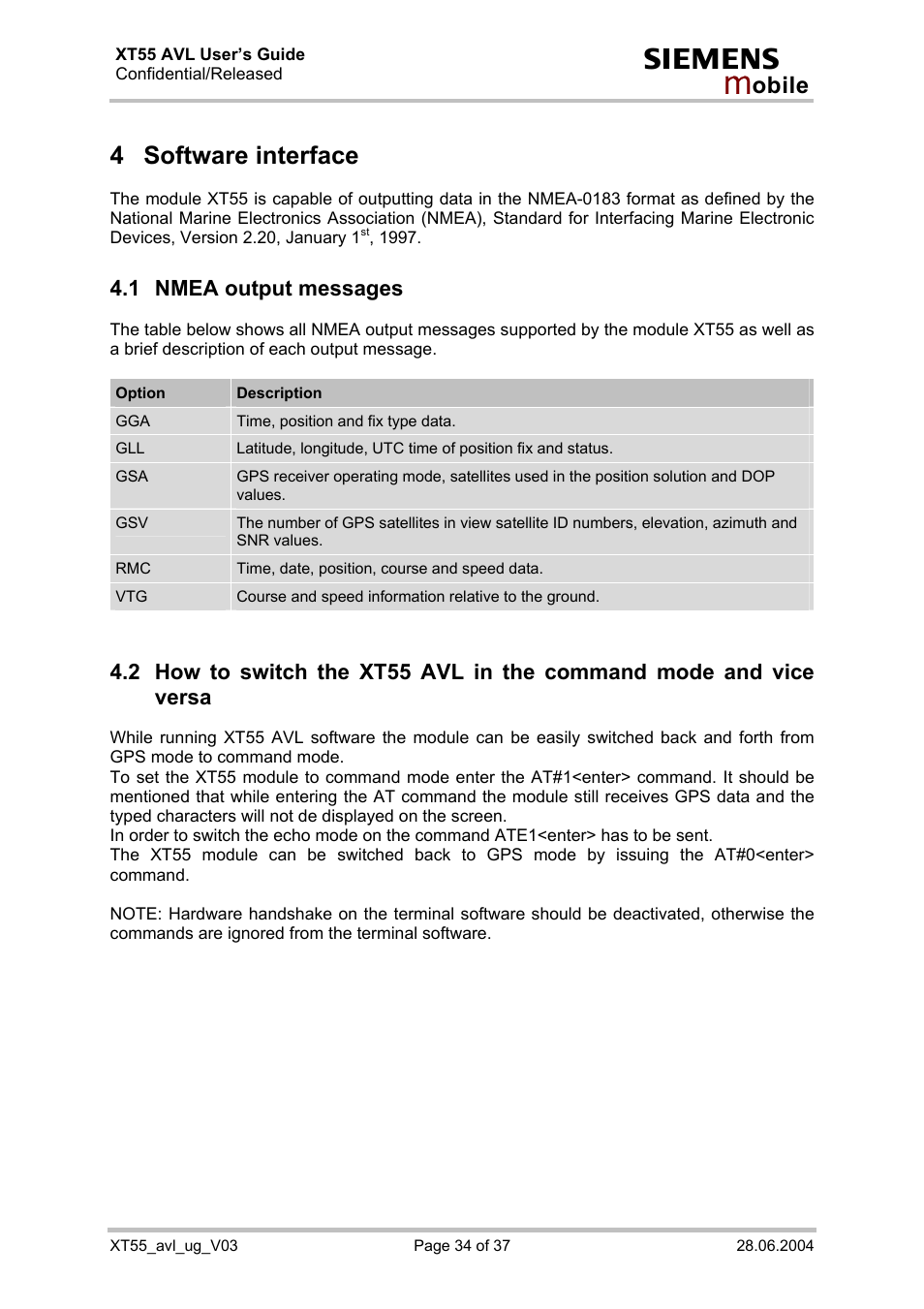 Software interface, Nmea output messages, 4 software interface | 1 nmea output messages | Siemens XT55 AVL User Manual | Page 34 / 37