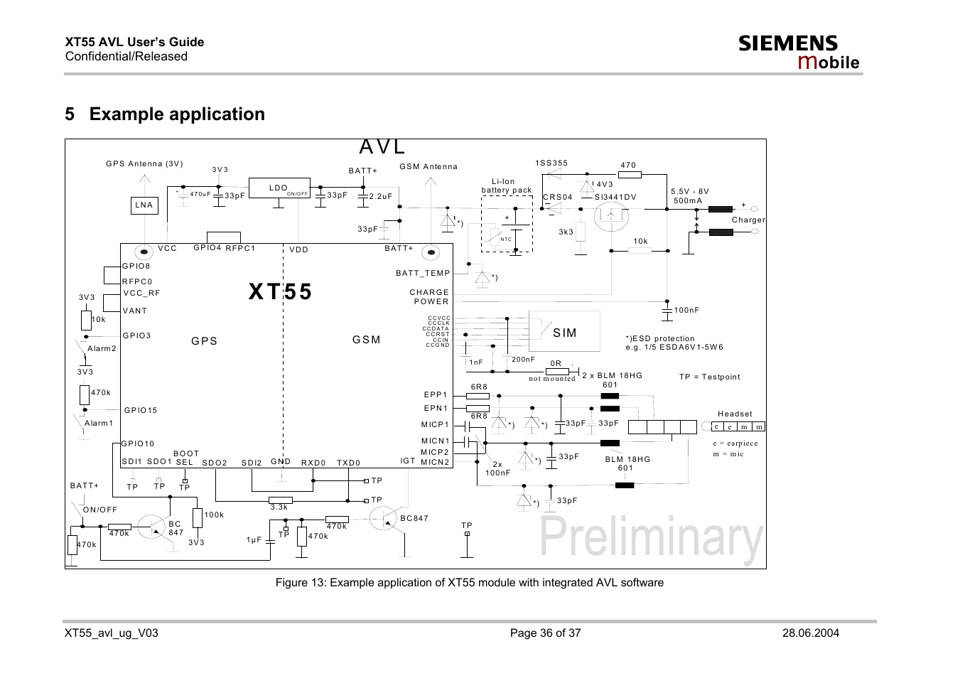 Example application, X t 5 5, A v l | 5 example application, Xt55 avl user’s guide confidential/released, S im | Siemens XT55 AVL User Manual | Page 36 / 37