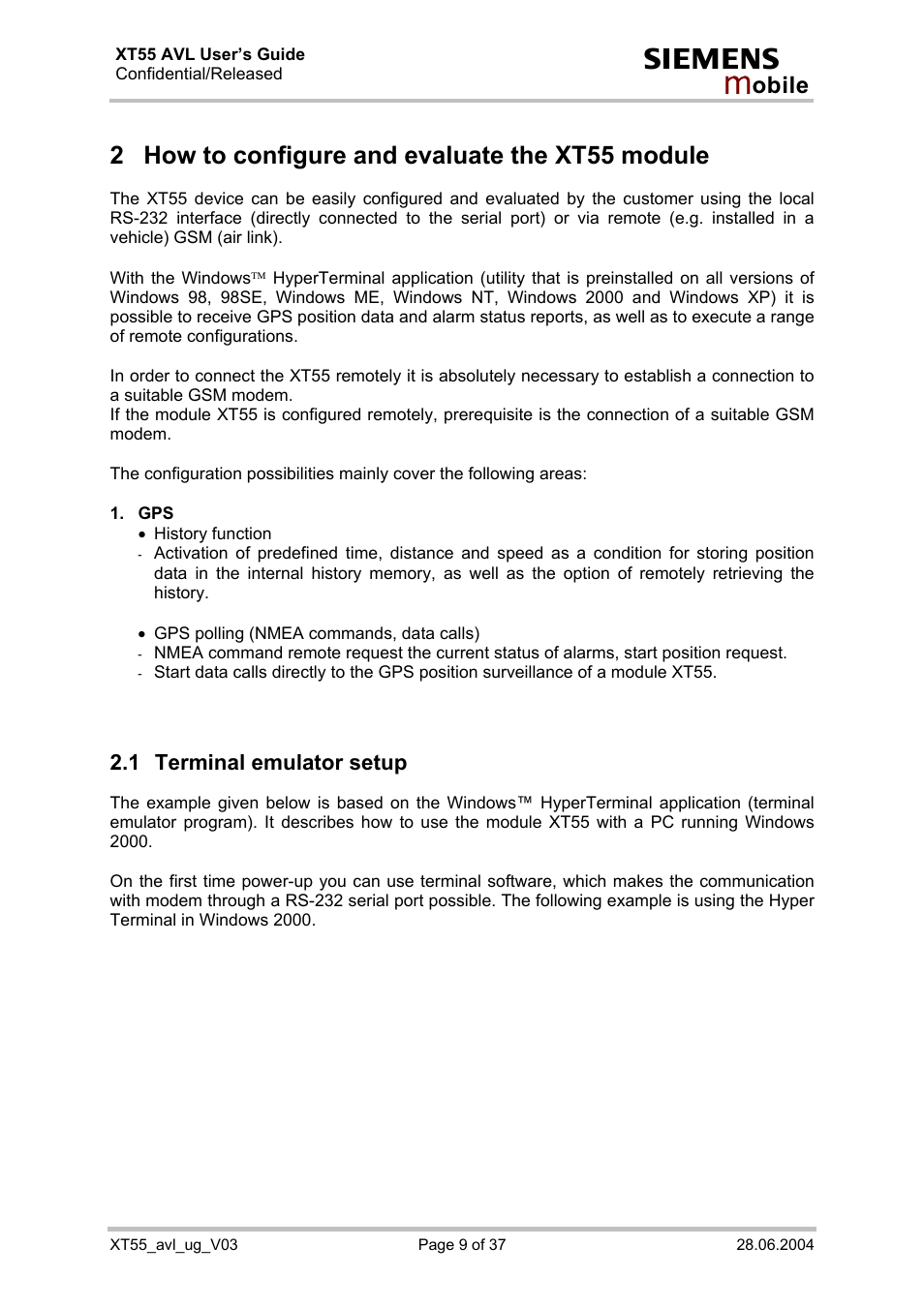 How to configure and evaluate the xt55 module, Terminal emulator setup, 2 how to configure and evaluate the xt55 module | 1 terminal emulator setup | Siemens XT55 AVL User Manual | Page 9 / 37