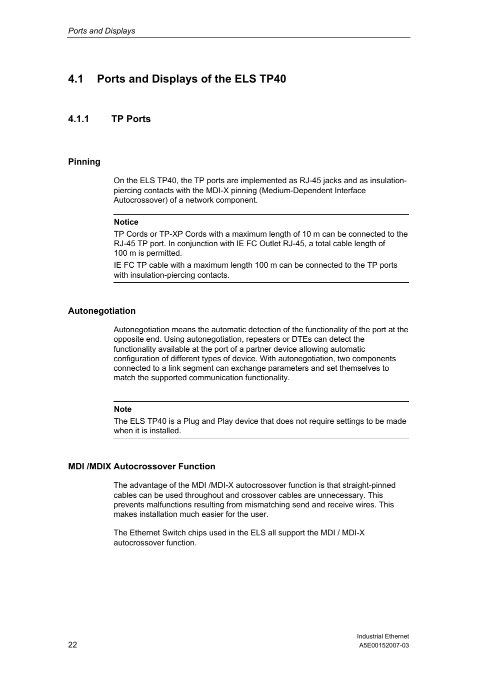 1 ports and displays of the els tp40, 1 tp ports | Siemens Electrical Lean Switch User Manual | Page 22 / 97