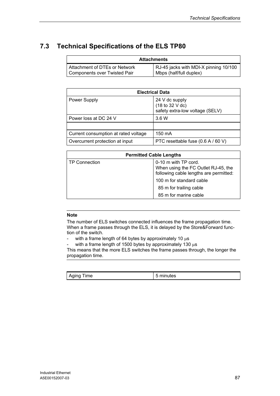 3 technical specifications of the els tp80 | Siemens Electrical Lean Switch User Manual | Page 87 / 97