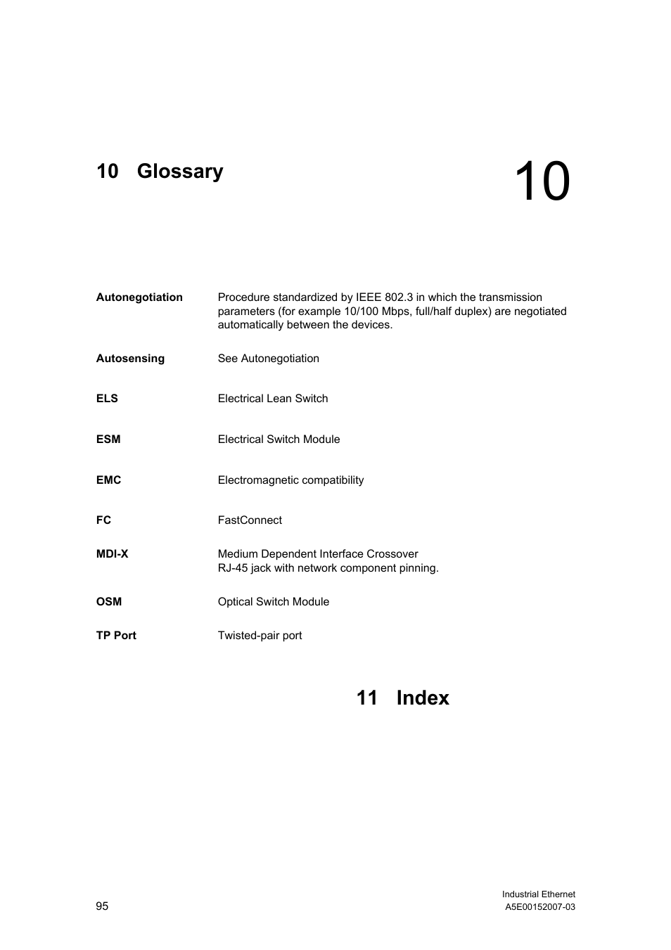 10 glossary, 11 index, Glossary | Index | Siemens Electrical Lean Switch User Manual | Page 95 / 97