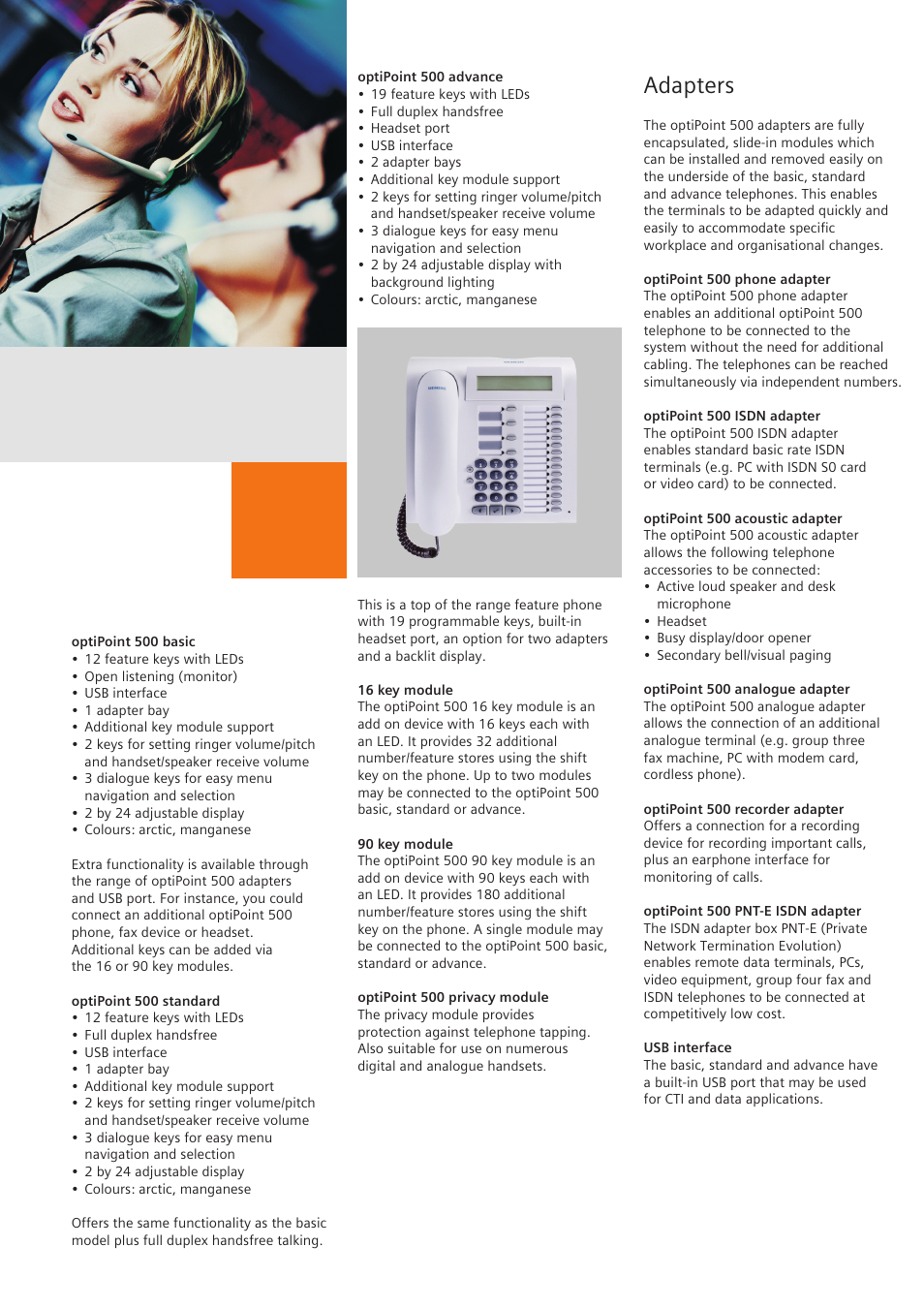 Optipoint 500 basic, Optipoint 500 standard, Optipoint 500 advance | 16 key module, 90 key module, Optipoint 500 privacy module, Adapters, Optipoint 500 phone adapter, Optipoint 500 isdn adapter, Optipoint 500 acoustic adapter | Siemens OPTIPOINT 500 User Manual | Page 2 / 4