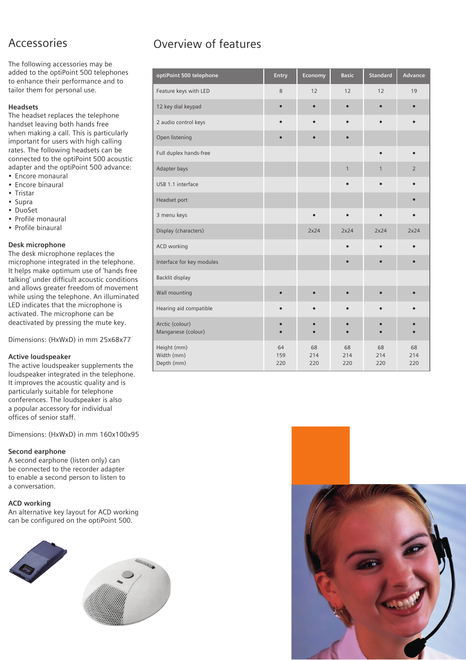 Accessories, Headsets, Desk microphone | Active loudspeaker, Second earphone, Acd working, Overview of features, Accessories overview of features | Siemens OPTIPOINT 500 User Manual | Page 3 / 4