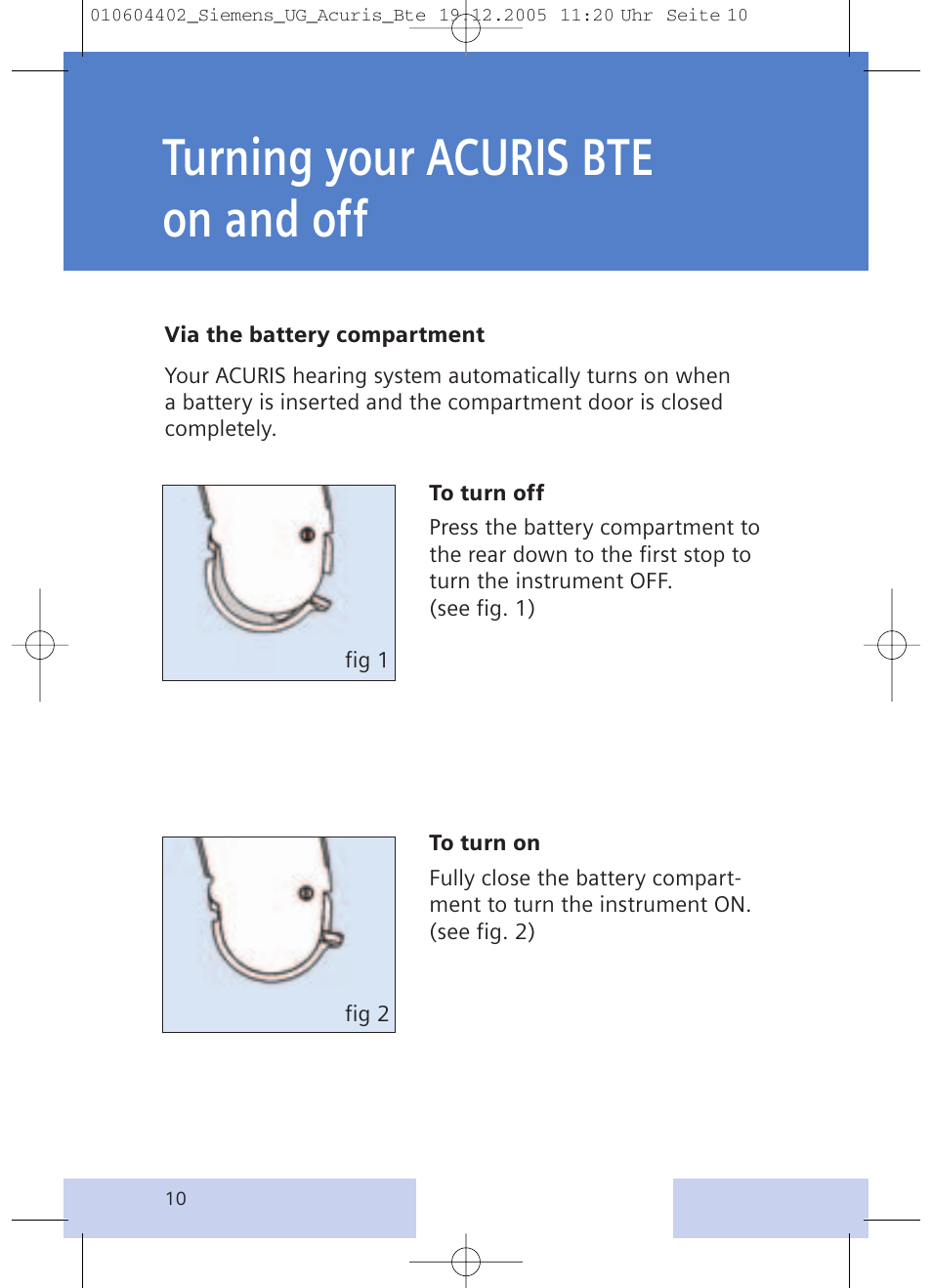 Turning your acuris bte on and off | Siemens P User Manual | Page 10 / 24