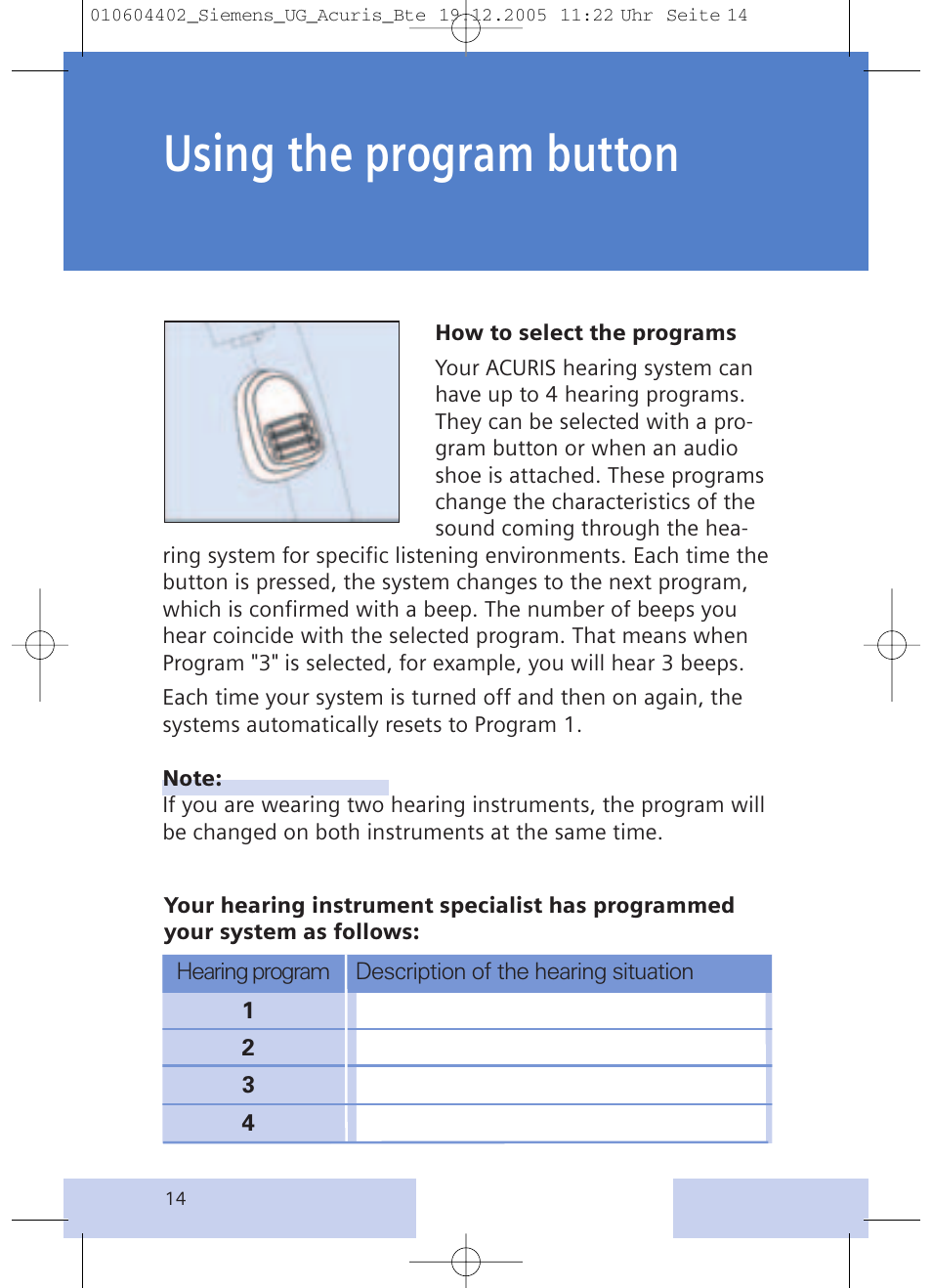 Using the program button | Siemens P User Manual | Page 14 / 24