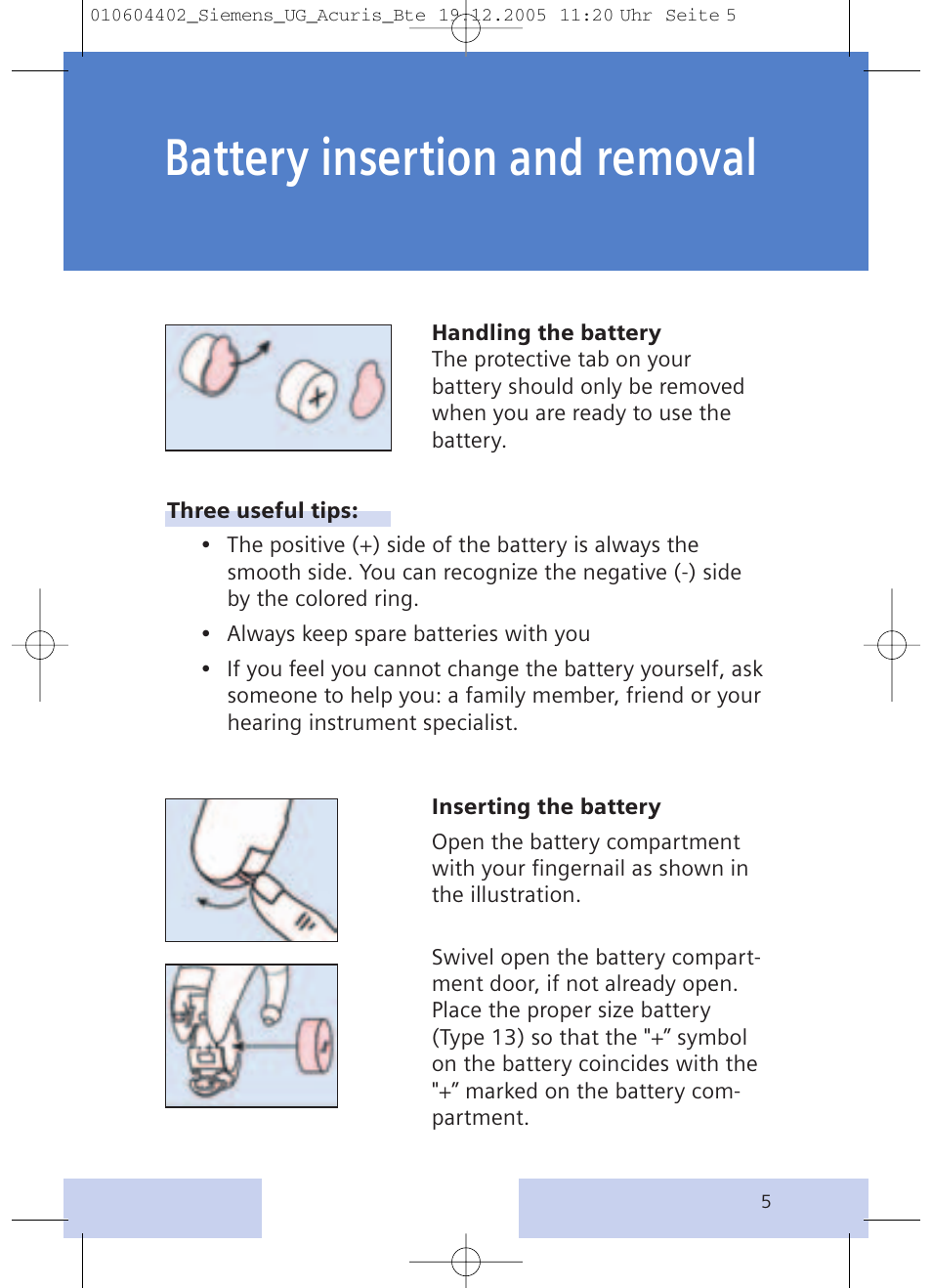 Battery insertion and removal | Siemens P User Manual | Page 5 / 24