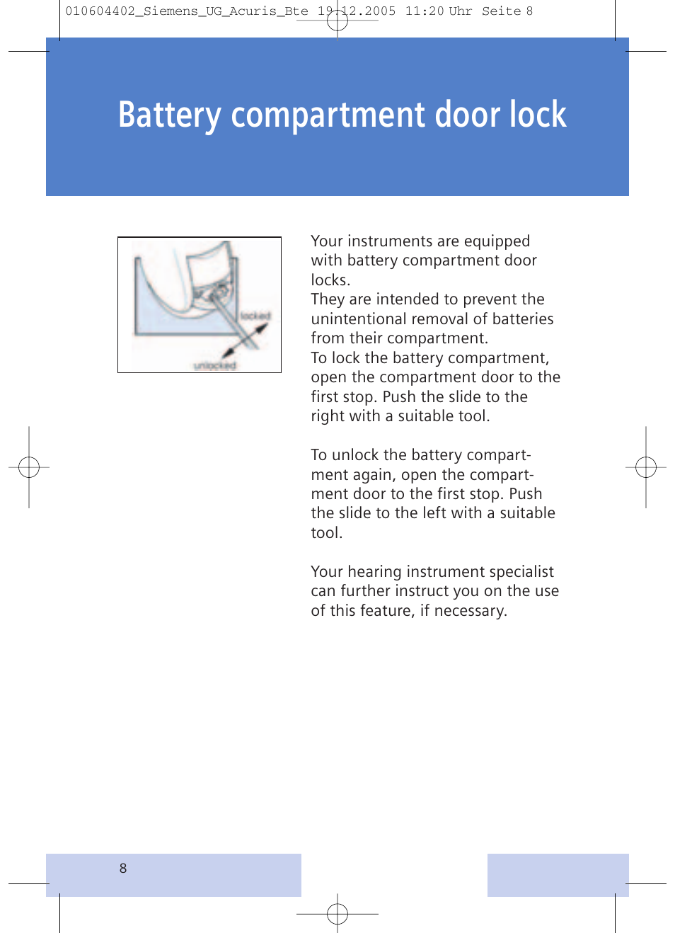 Battery compartment door lock | Siemens P User Manual | Page 8 / 24