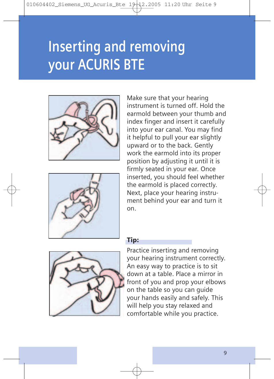 Inserting and removing your acuris bte | Siemens P User Manual | Page 9 / 24