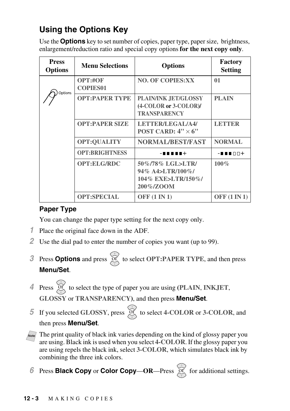 Using the options key, Paper type, Using the options key -3 | Paper type -3 | Siemens 1800C User Manual | Page 102 / 146