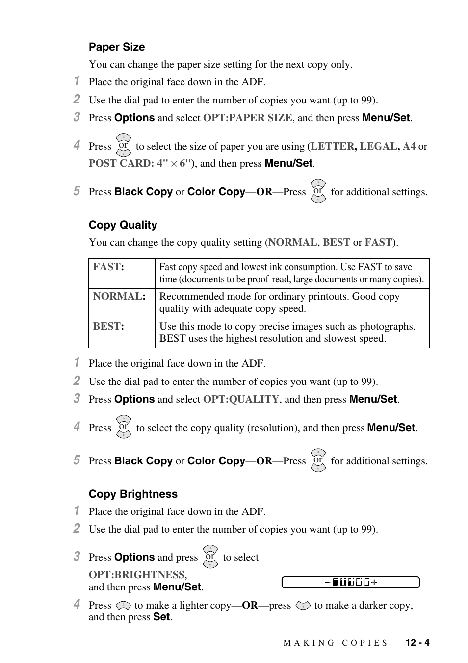 Paper size, Copy quality, Copy brightness | Paper size -4 copy quality -4 copy brightness -4 | Siemens 1800C User Manual | Page 103 / 146