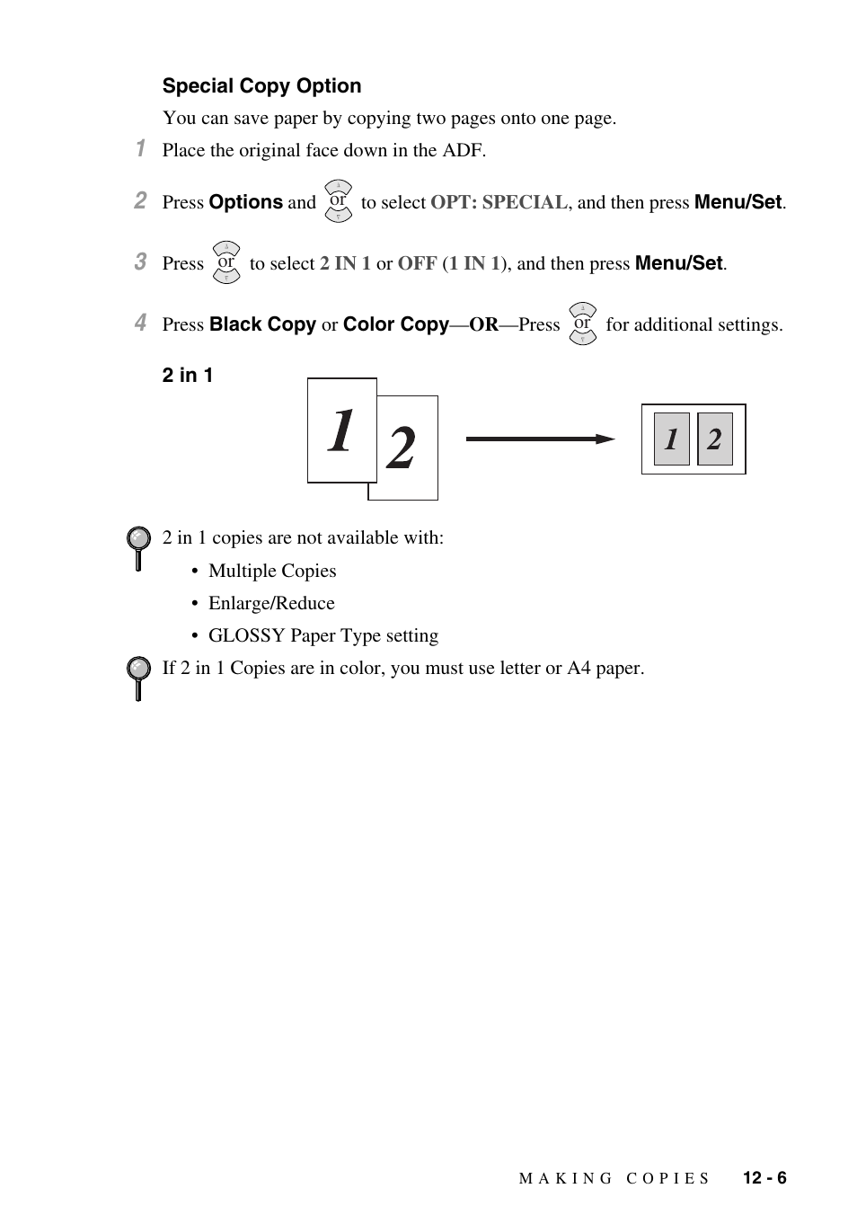 Special copy option, 2 in 1, Special copy option -6 2 in 1 -6 | Siemens 1800C User Manual | Page 105 / 146