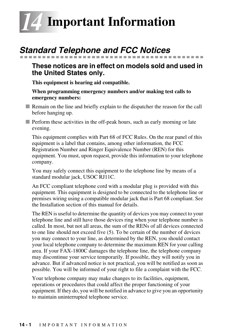 14 important information, Standard telephone and fcc notices, Important information -1 | Standard telephone and fcc notices -1, Important information | Siemens 1800C User Manual | Page 110 / 146