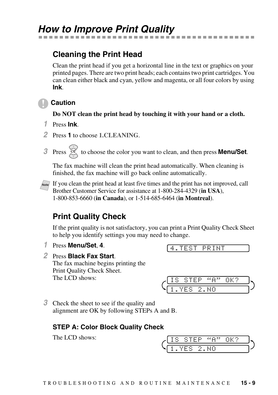 How to improve print quality, Cleaning the print head, Print quality check | Step a: color block quality check, How to improve print quality -9, Cleaning the print head -9 print quality check -9, Step a: color block quality check -9 | Siemens 1800C User Manual | Page 123 / 146