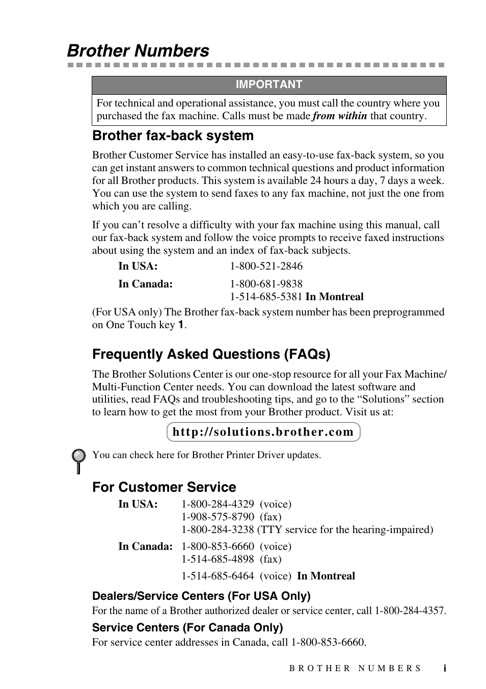 Brother numbers, Brother fax-back system, Frequently asked questions (faqs) | For customer service, Dealers/service centers (for usa only), Service centers (for canada only) | Siemens 1800C User Manual | Page 3 / 146