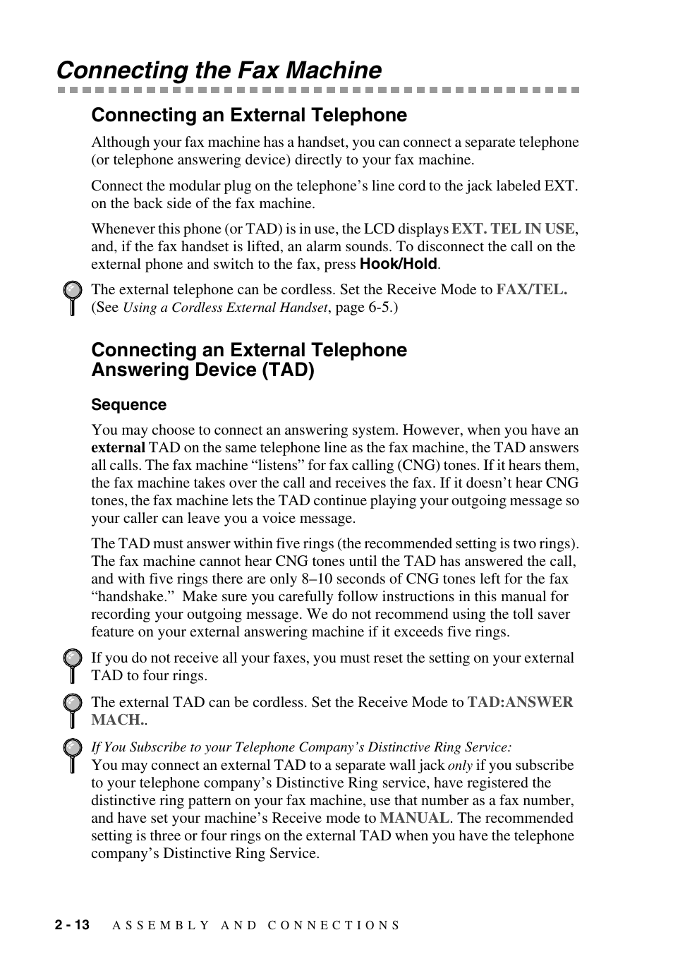 Connecting the fax machine, Connecting an external telephone, Sequence | Connecting the fax machine -13, Answering device (tad) -13 sequence -13 | Siemens 1800C User Manual | Page 36 / 146