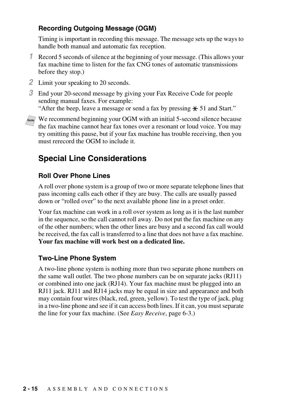 Recording outgoing message (ogm), Special line considerations, Roll over phone lines | Two-line phone system, Recording outgoing message (ogm) -15, Special line considerations -15 | Siemens 1800C User Manual | Page 38 / 146