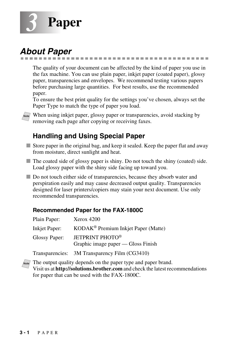 3 paper, About paper, Handling and using special paper | Recommended paper for the fax-1800c, Paper -1, About paper -1, Handling and using special paper -1, Recommended paper for the fax-1800c -1, Paper | Siemens 1800C User Manual | Page 42 / 146