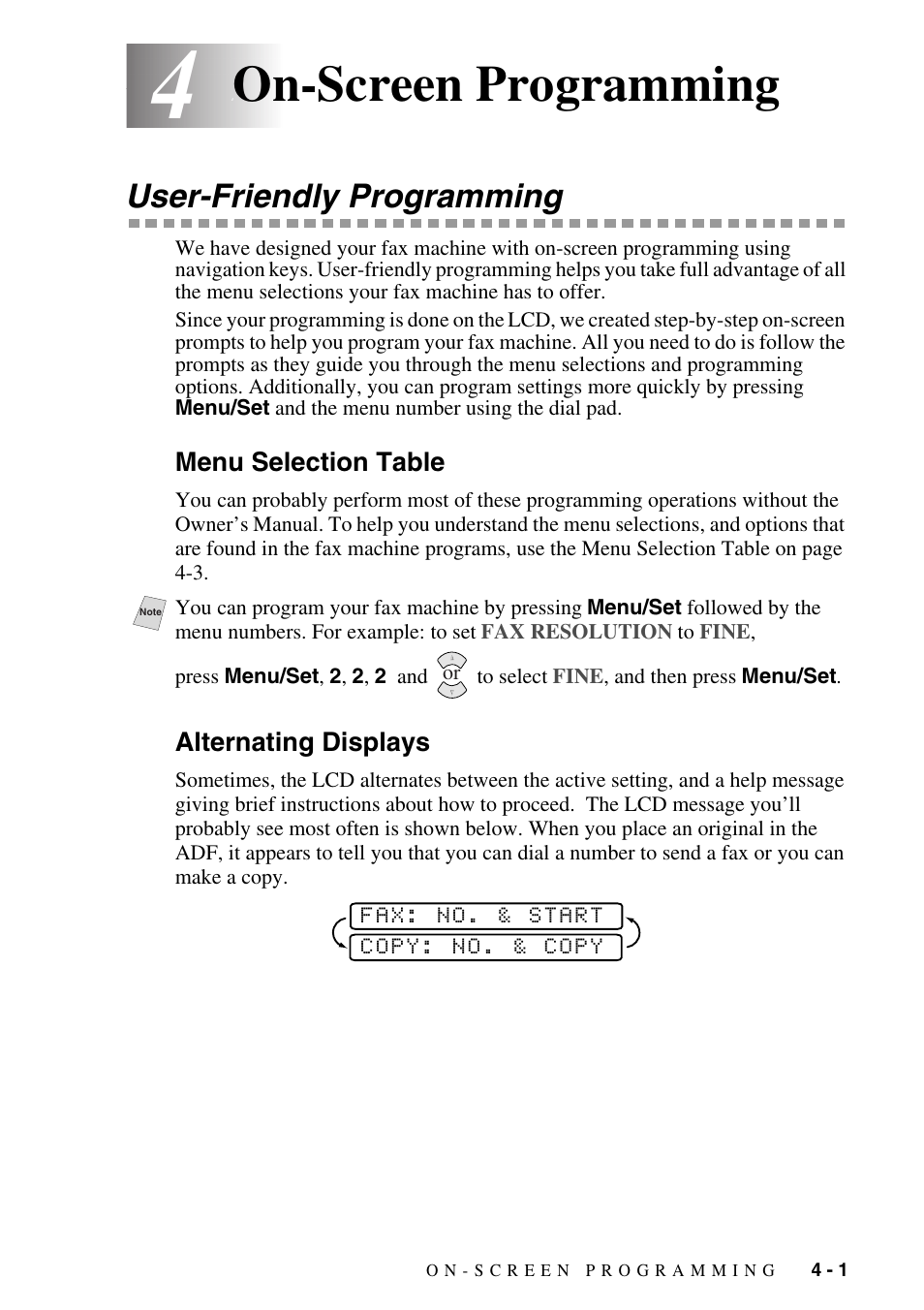 4 on-screen programming, User-friendly programming, Menu selection table | Alternating displays, On-screen programming -1, User-friendly programming -1, Menu selection table -1 alternating displays -1, On-screen programming | Siemens 1800C User Manual | Page 45 / 146