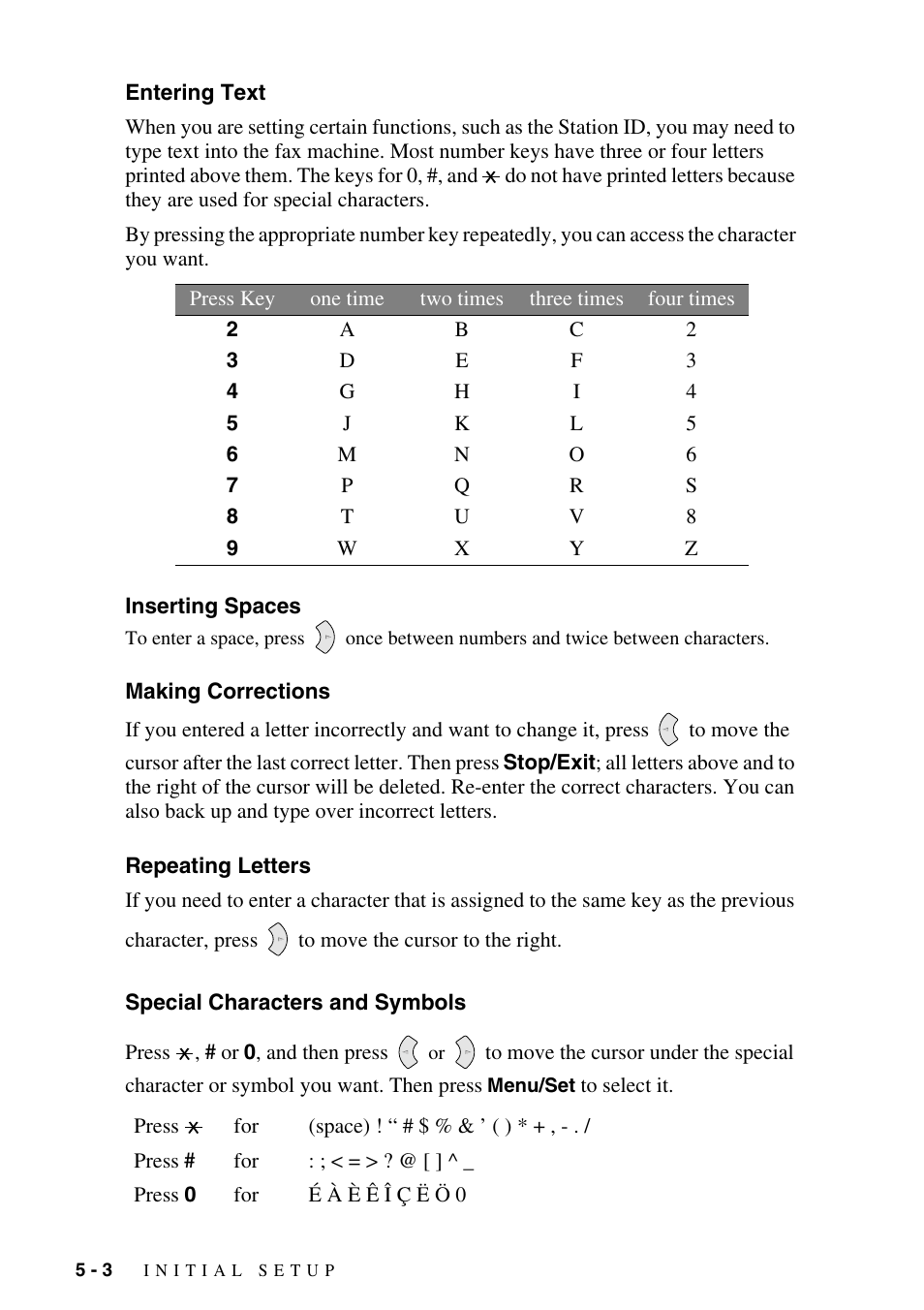 Entering text, Inserting spaces, Making corrections | Repeating letters, Special characters and symbols | Siemens 1800C User Manual | Page 56 / 146