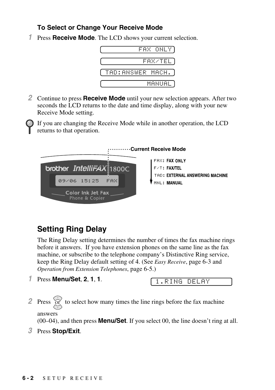 To select or change your receive mode, Setting ring delay, To select or change your receive mode -2 | Setting ring delay -2 | Siemens 1800C User Manual | Page 62 / 146