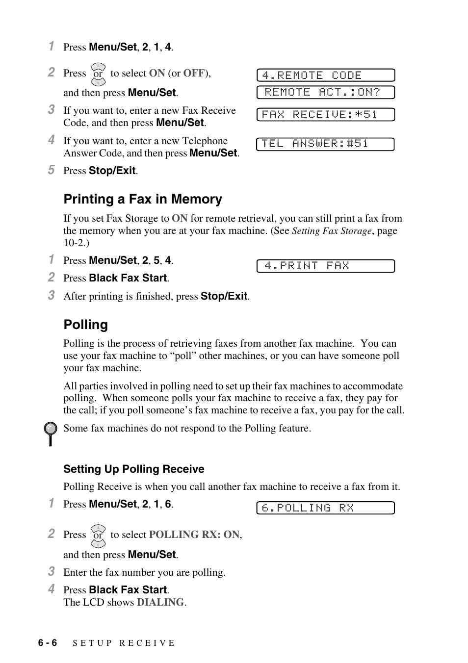 Printing a fax in memory, Polling, Setting up polling receive | Printing a fax in memory -6 polling -6, Setting up polling receive -6 | Siemens 1800C User Manual | Page 66 / 146