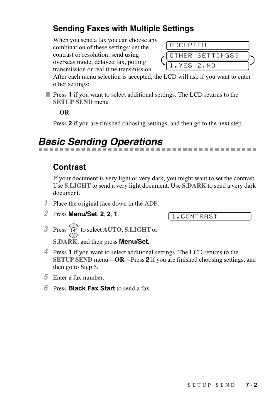 Sending faxes with multiple settings, Basic sending operations, Contrast | Sending faxes with multiple settings -2, Basic sending operations -2, Contrast -2 | Siemens 1800C User Manual | Page 69 / 146