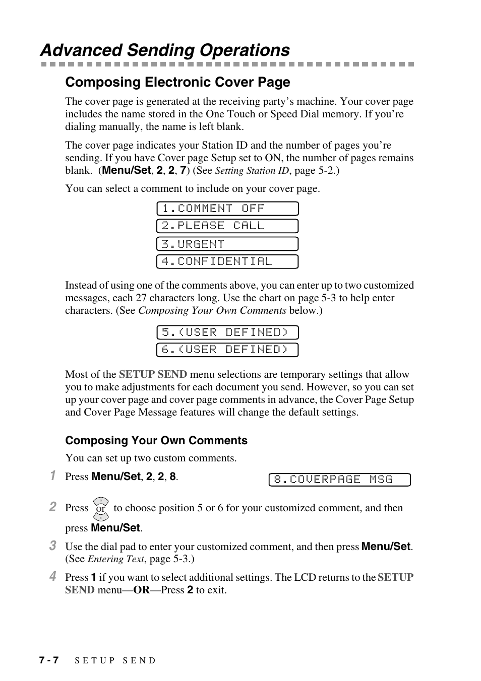 Advanced sending operations, Composing your own comments, Advanced sending operations -7 | Composing your own comments -7, Composing electronic cover page | Siemens 1800C User Manual | Page 74 / 146