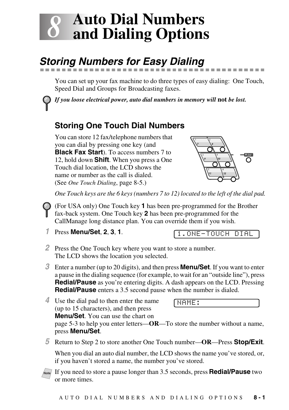 8 auto dial numbers and dialing options, Storing numbers for easy dialing, Storing one touch dial numbers | Auto dial numbers and dialing options -1, Storing numbers for easy dialing -1, Storing one touch dial numbers -1, Auto dial numbers and dialing options | Siemens 1800C User Manual | Page 79 / 146