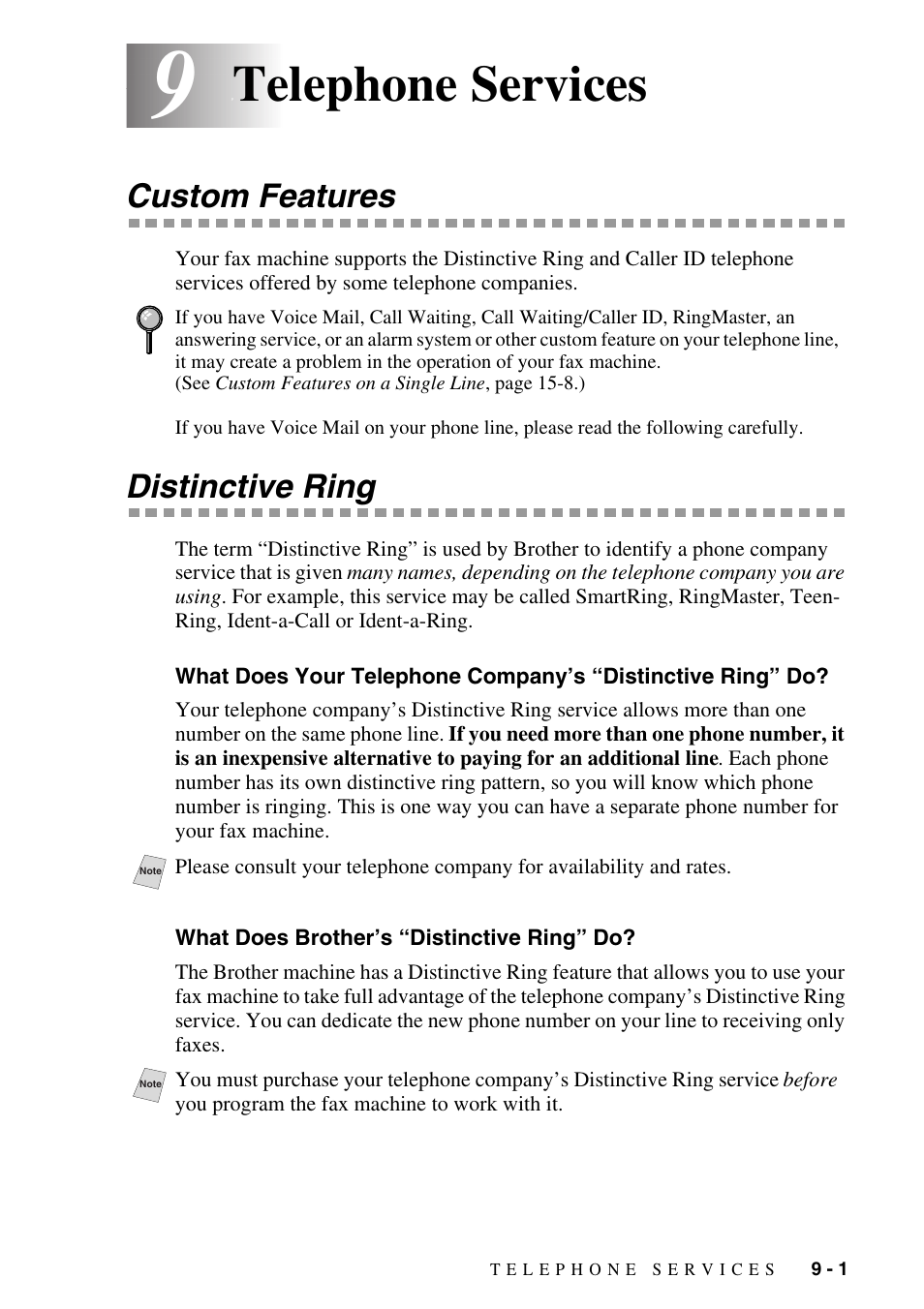 9 telephone services, Custom features, Distinctive ring | What does brother’s “distinctive ring” do, Telephone services -1, Custom features -1 distinctive ring -1, What does your telephone company’s, Distinctive ring” do? -1, What does brother’s “distinctive ring” do? -1, Telephone services | Siemens 1800C User Manual | Page 87 / 146