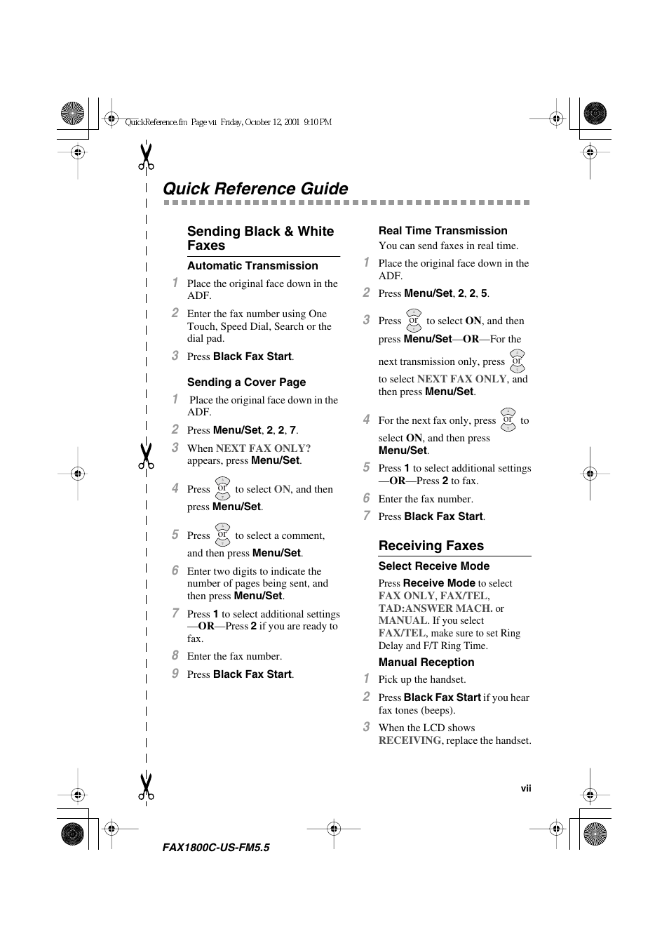 Quick reference guide, Sending black & white faxes, Receiving faxes | Siemens 1800C User Manual | Page 9 / 146