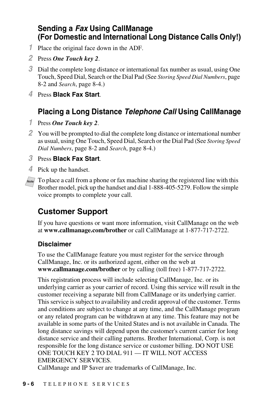 Customer support, Disclaimer, Sending a fax using callmanage (for domestic and | International long distance calls only!) -6, Disclaimer -6 | Siemens 1800C User Manual | Page 92 / 146