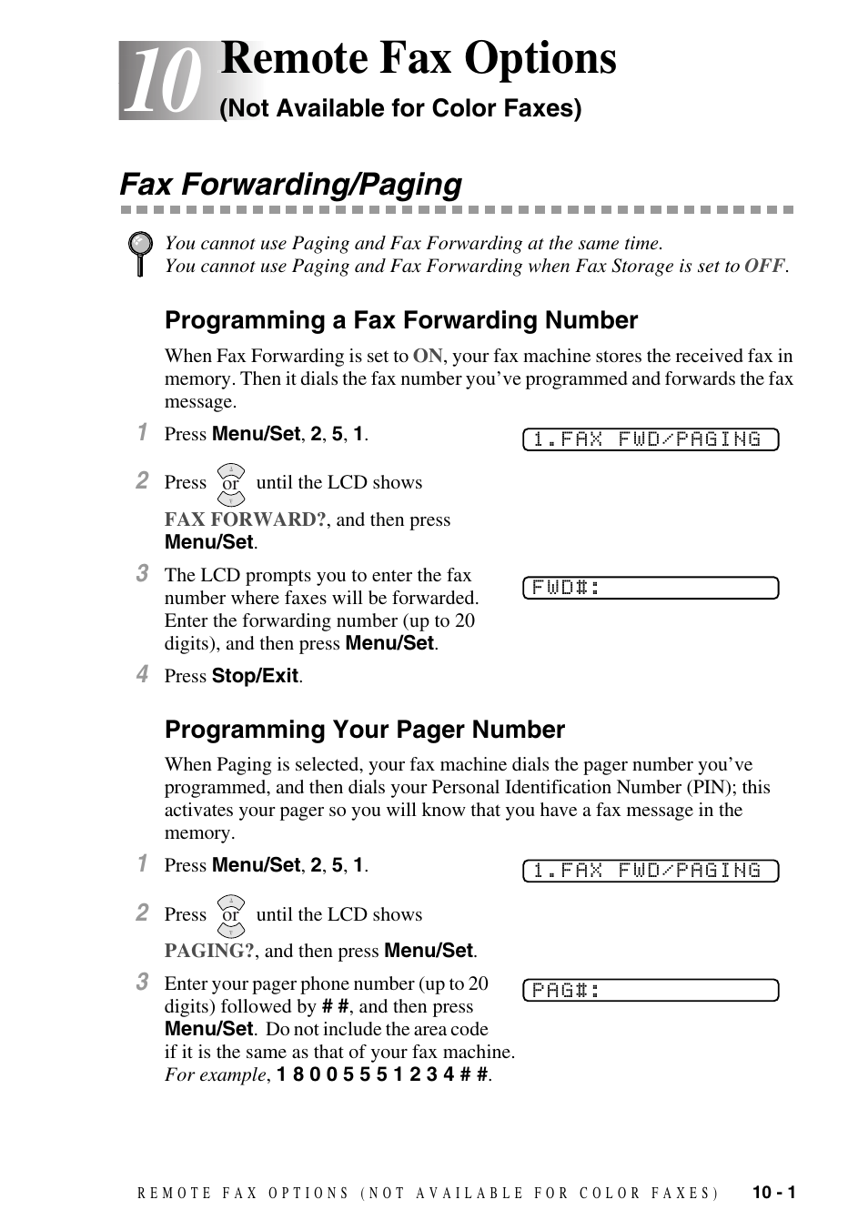 Fax forwarding/paging, Programming a fax forwarding number, Fax forwarding/paging -1 | Remote fax options | Siemens 1800C User Manual | Page 93 / 146