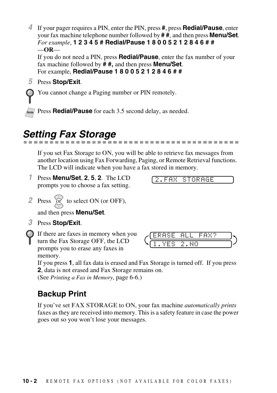 Setting fax storage, Backup print, Setting fax storage -2 | Backup print -2 | Siemens 1800C User Manual | Page 94 / 146