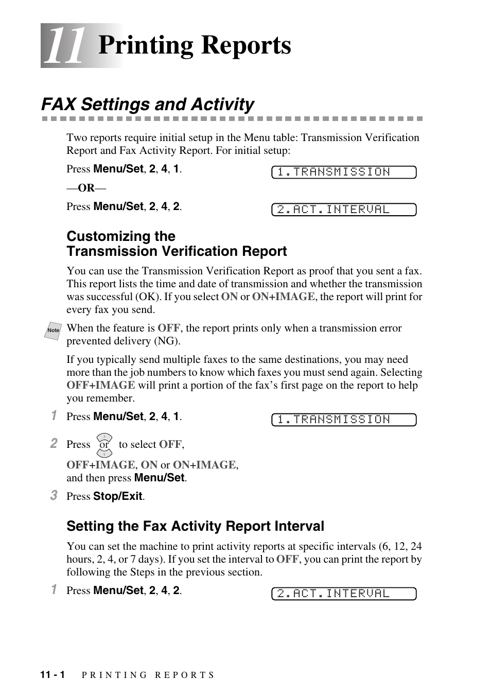 11 printing reports, Fax settings and activity, Customizing the transmission verification report | Setting the fax activity report interval, Printing reports -1, Fax settings and activity -1, See chapter 11, Printing reports | Siemens 1800C User Manual | Page 98 / 146