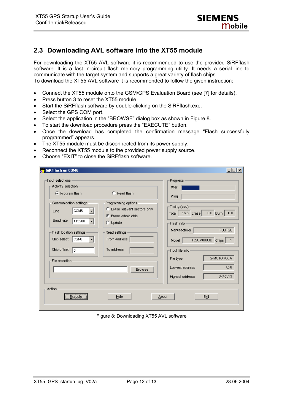 Downloading avl software into the xt55 module, Figure 8: downloading xt55 avl software, 3 downloading avl software into the xt55 module | Siemens XT55 User Manual | Page 12 / 13