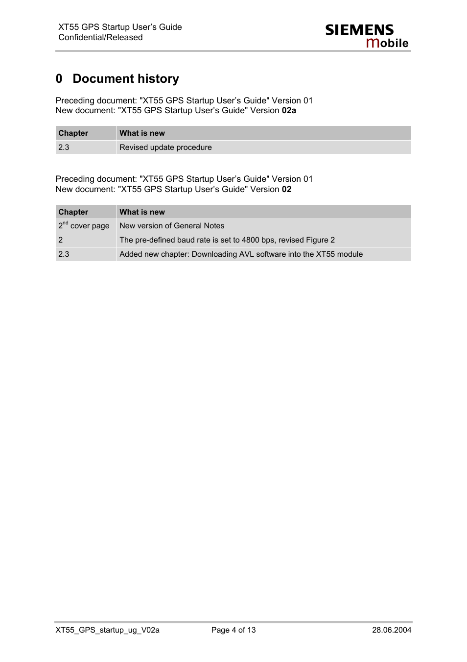 Document history, 0 document history | Siemens XT55 User Manual | Page 4 / 13