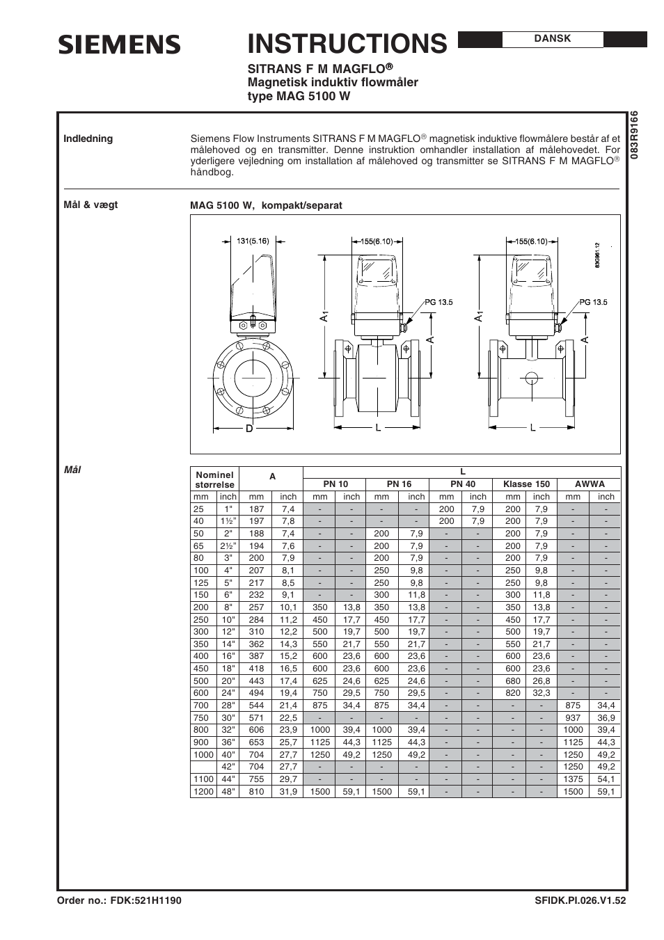 Dansk, Instructions, Sitrans f m magflo | Magnetisk induktiv flowmåler type mag 5100 w | Siemens SITRANS F M MAGFLO MAG 5100 W User Manual | Page 25 / 32