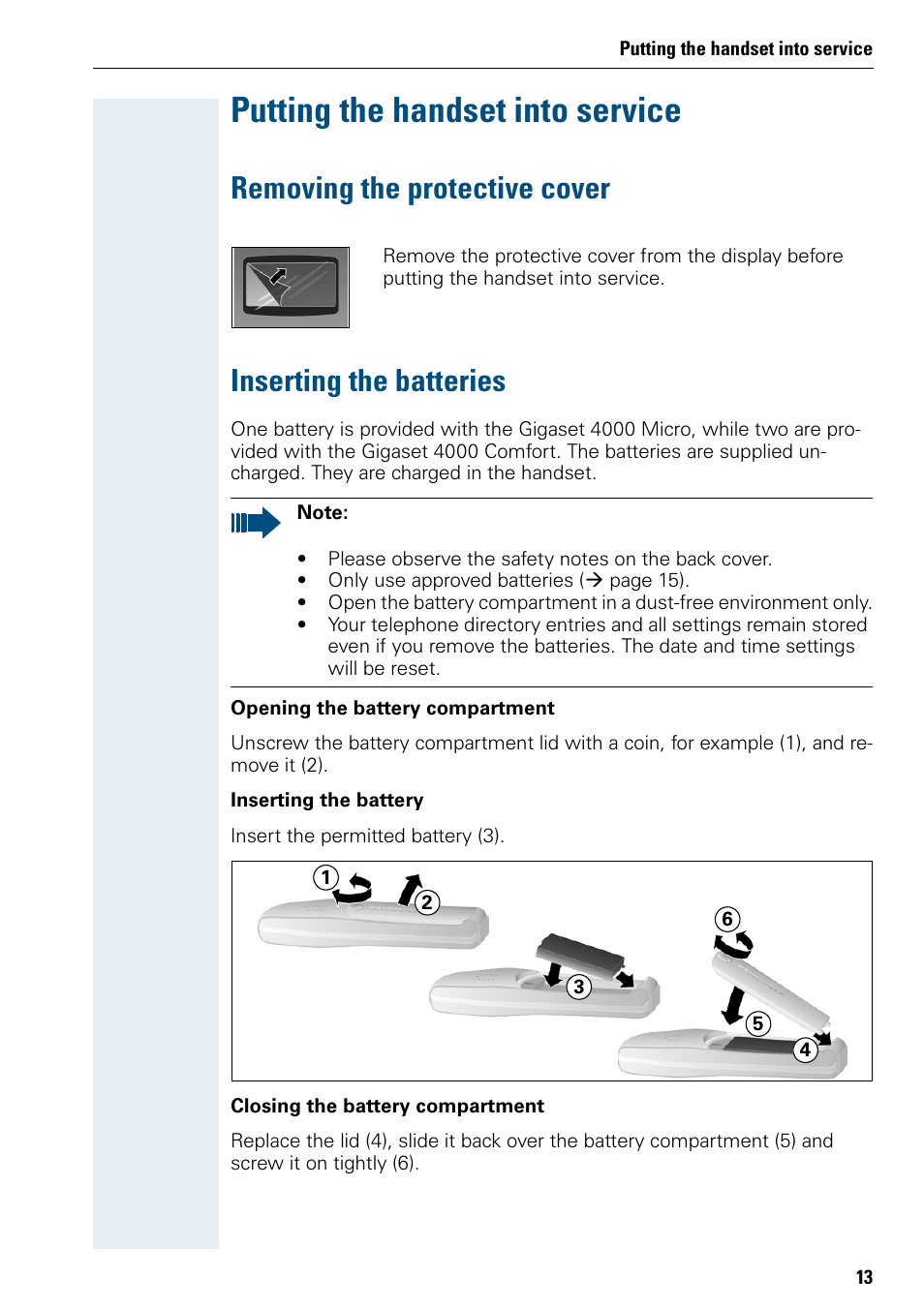 Putting the handset into service, Removing the protective cover, Inserting the batteries | Siemens 3000 User Manual | Page 21 / 104