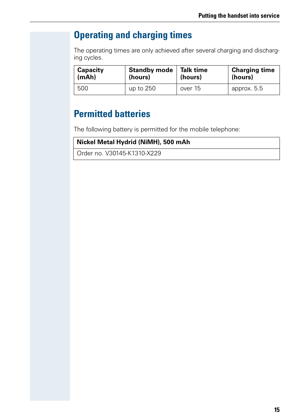 Operating and charging times, Permitted batteries, Operating and charging times permitted batteries | Siemens 3000 User Manual | Page 23 / 104