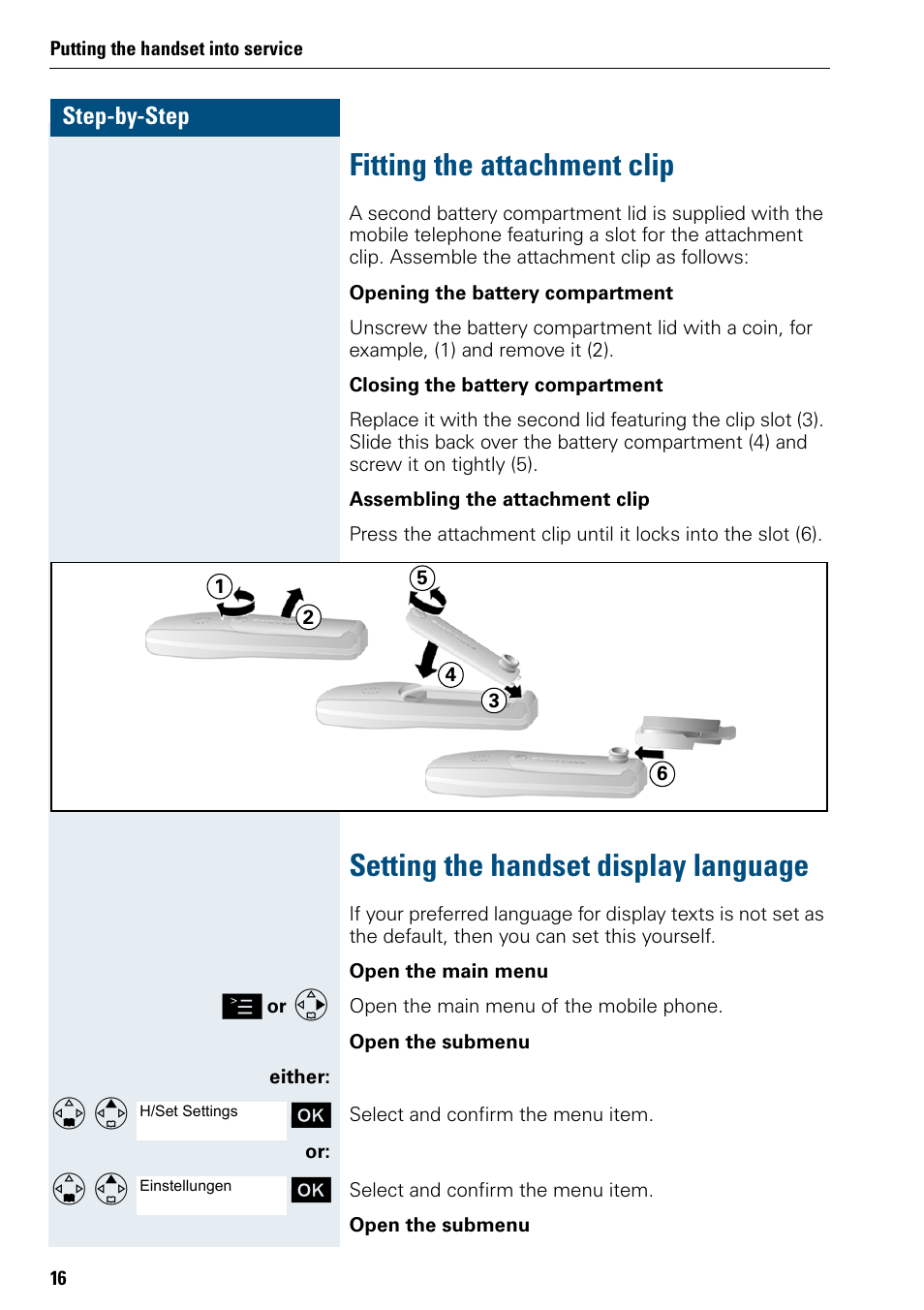 Fitting the attachment clip, Setting the handset display language | Siemens 3000 User Manual | Page 24 / 104