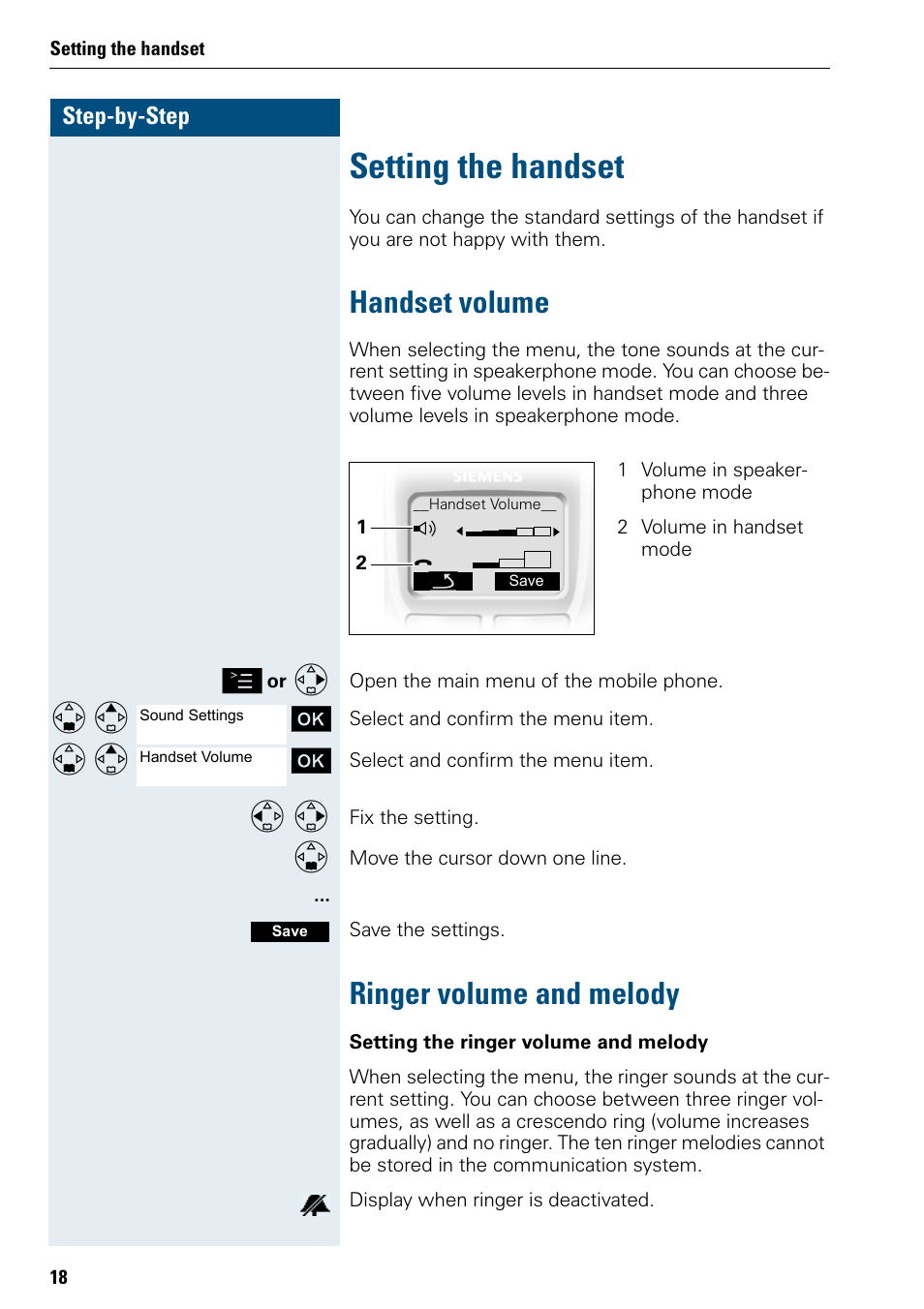 Setting the handset, Handset volume, Ringer volume and melody | Handset volume ringer volume and melody, Step-by-step | Siemens 3000 User Manual | Page 26 / 104