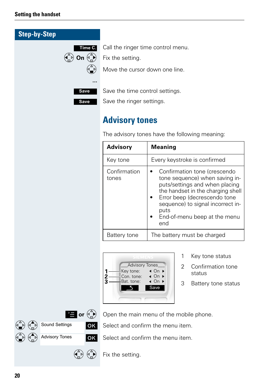 Advisory tones, Step-by-step | Siemens 3000 User Manual | Page 28 / 104