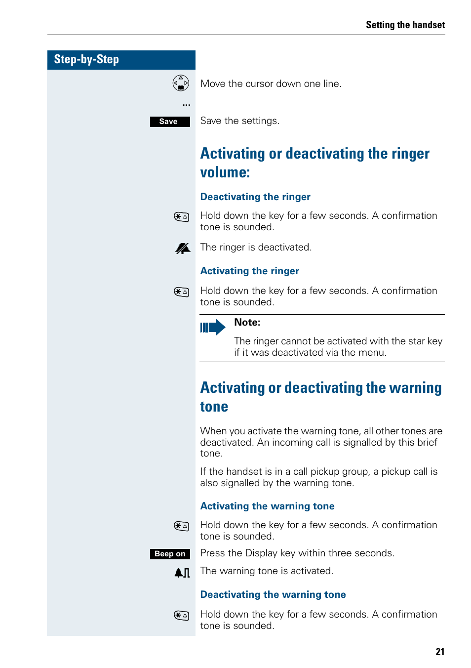 Activating or deactivating the ringer volume, Activating or deactivating the warning tone | Siemens 3000 User Manual | Page 29 / 104