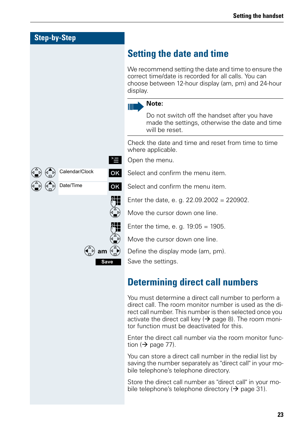 Setting the date and time, Determining direct call numbers | Siemens 3000 User Manual | Page 31 / 104